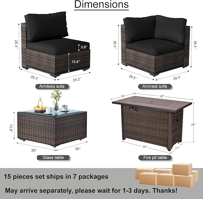 Patio Furniture Set, 15 Pieces Outdoor Sectional Patio Furniture Set with 42" Fire Pit Table, Rattan Wicker Sofa Set for Garden Backyard Deck Poolside, Black