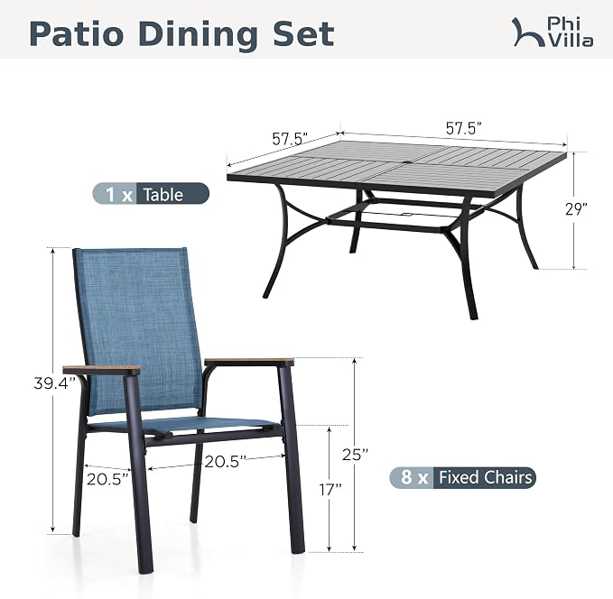 PHI VILLA Outdoor Dining Set for 8 w/Square Table & Aluminum Chairs, Blue | Stackbale chairs, Breathable & quick-drying sling, Light-weight & space-saving, Metal Table, Umbrella Hole, Patio deck