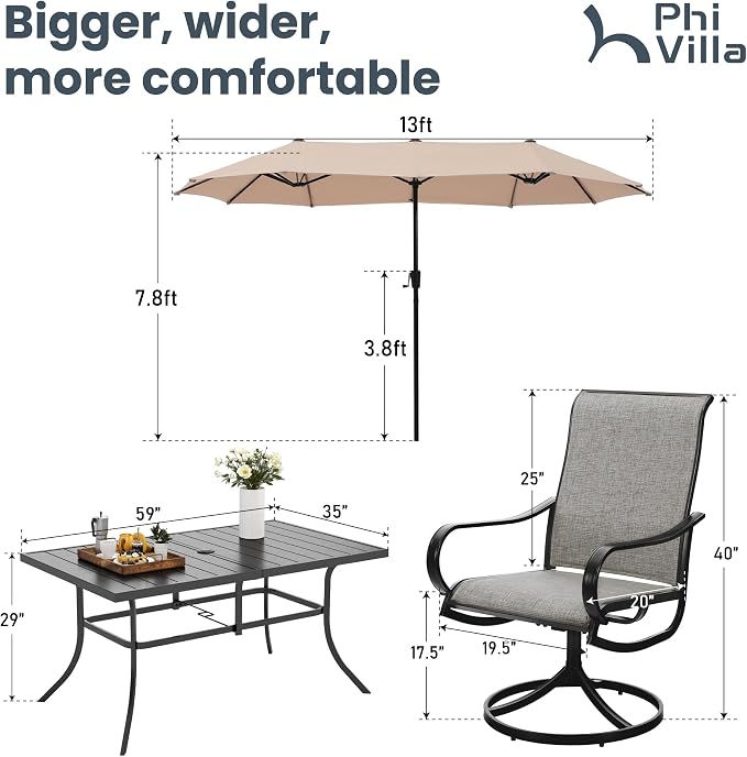 PHI VILLA Patio Dining Set with 13ft Umbrella for 6, Swivel Mesh Chairs | 59'' metal rectangular table, 6 brown outdoor textilene chairs and 13ft beige umbrella(NO BASE) for deck, garden, backyard