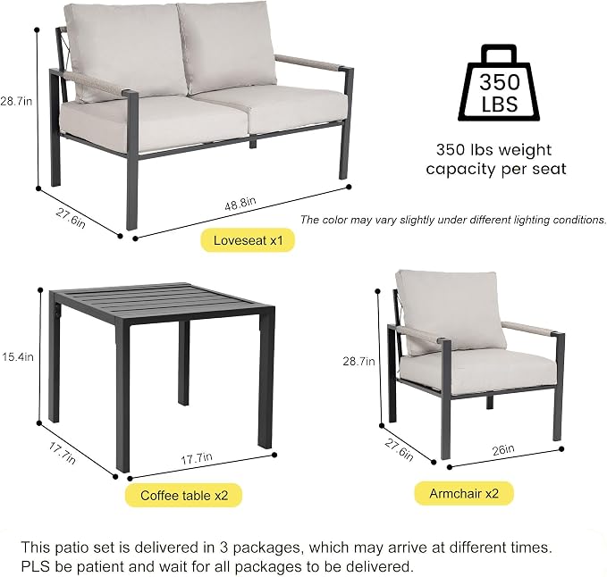 Metal Patio Furniture Set with 51inch Champagne Fire Pit Table, 6-Piece Modern Outdoor Conversation Set with 6-Inch Thick Cushions, Outdoor Furniture Set for Garden, Backyard, Balcony (Warm Grey)