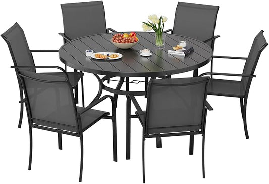 Incbruce 7 PCS Patio Dining Set, Outdoor Dining Set of 6 Textilene Chairs and 53" Round Table with Umbrella Hole for Backyard, Garden, and Poolside (Grey)