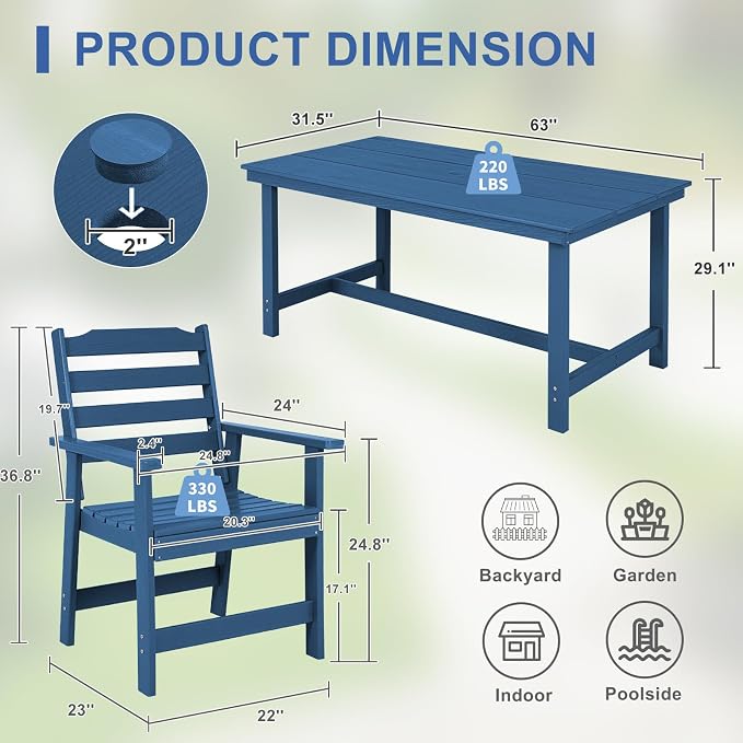 FUNBERRY Outdoor Dining Set, HDPE 7 Piece Dining Table Set with Chairs | 2" Umbrella Hole Table, Wood-Grain, HDPE All Weather, No Rot or Rust or Crack, UV Fade Shield, Easy-Clean for Outside