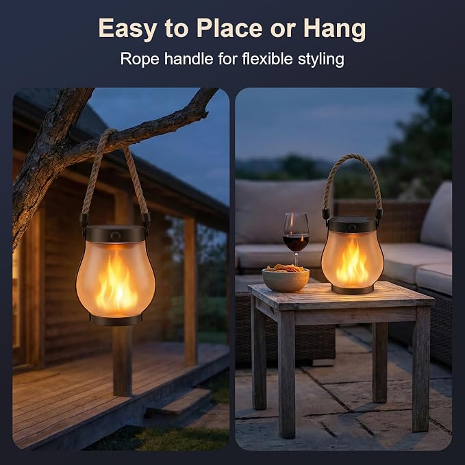 Solar Lanterns Outdoor Waterproof 2-Pack, Flickering Flame Effect | Rechargeable lanterns with USB-C charging, a decorative hanging design, and dusk-to-dawn use for patios, porches and gardens