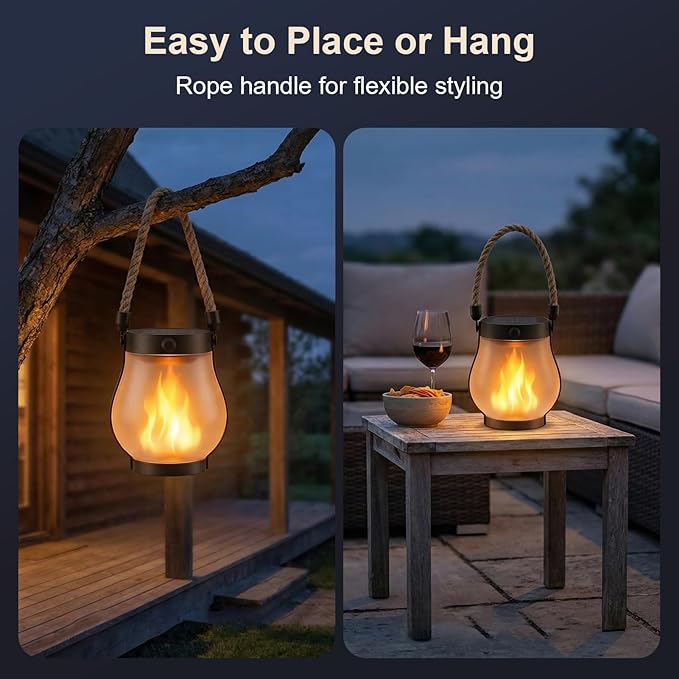 Solar Lanterns Outdoor Waterproof 6-Pack, Flickering Flame Effect | Rechargeable lanterns with USB-C charging, a decorative hanging design, and dusk-to-dawn use for patios, porches and gardens