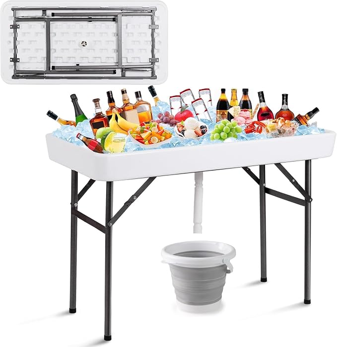 LDAILY Cooler Table, Outdoor Beverage Ice Tables for Parties with Drain, 3” Deep Sink, Removable Matching Skirt, Portable Folding Fish Cleaning Table for Camping, Picnic, Wedding, BBQ, Buffet (White)