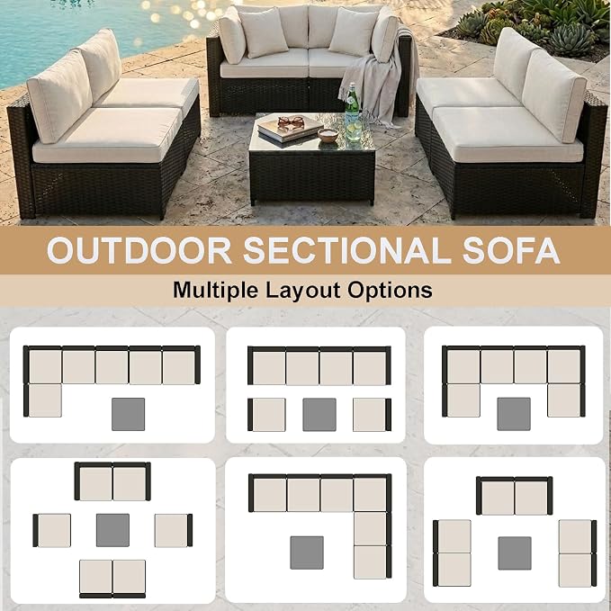 KIGOTY 7-Piece Patio Furniture Set, All-Weather PE Rattan Outdoor Sectional Sofa, Modular Wicker Conversation Set with Thick Cushions & Easy-Clean Coffee Table（Black/White）