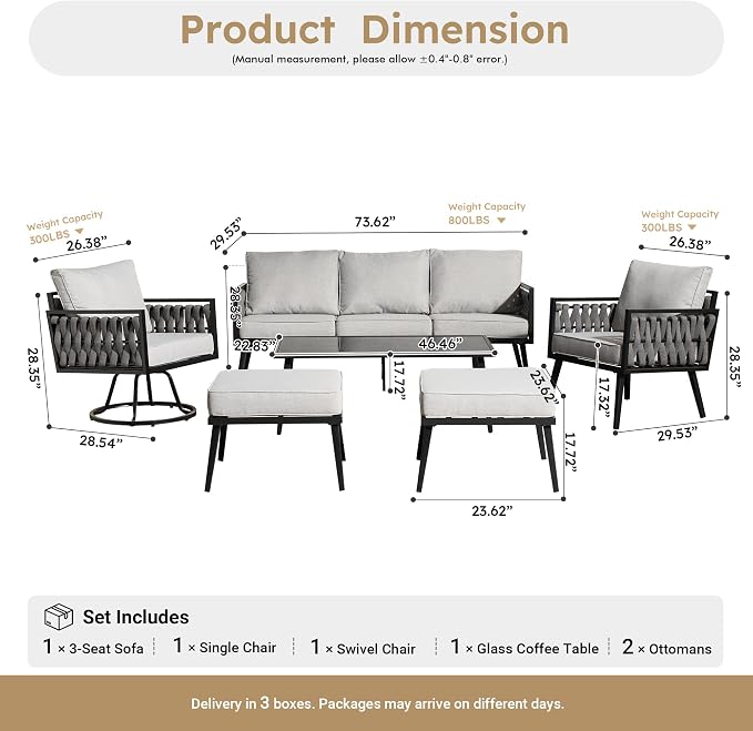 Weaxty Modern Patio Furniture Set 6 Piece, Rope Outdoor Patio Conversation Sets Sectional Sofa Swivel Chairs Table Ottoman, All Weather Metal Balcony Furniture for Backyard Garden, Grey