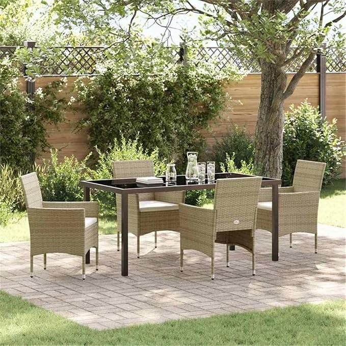 Afuera Living 5 Piece Patio Dining Set, Poly Rattan Frame, Beige Cushions, Tempered Glass Tabletop, Weather-Resistant, Modern Style Outdoor Furniture for Backyard, Garden, or Deck Use