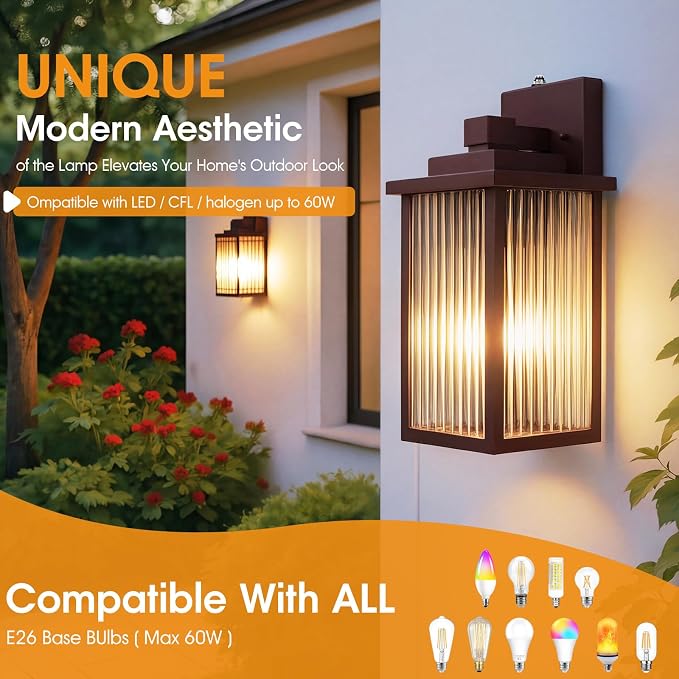 13" Bronze Dusk to Dawn Outdoor Light, Exterior Light Fixture | Auto On and Off, Anti-Rust Metal Frame, Tempered Glass, E26 Socket, Easy DIY Install on Porch, Garage