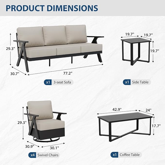 COOS BAY Iron Luxe 7 Piece Outdoor Patio Furniture Set, Modern Patio Conversation Set with 4 Swivel Rocking Chairs, a 3 Seat Couch, Coffee Table & Side Table for Deck, Garden, Porch, Black/Beige
