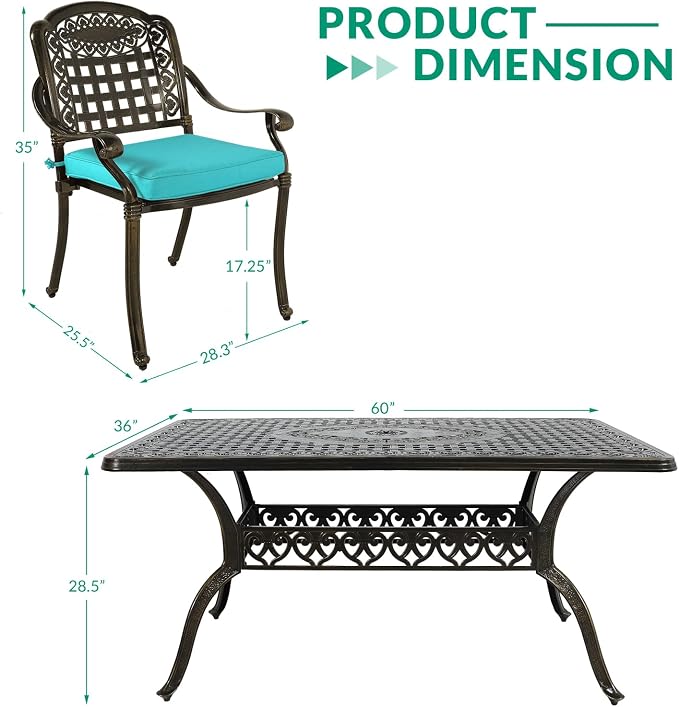 VIVIJASON 7-Piece Patio Furniture Dining Set, All-Weather Cast Aluminum Outdoor Conversation Set, Include 6 Cushioned Chairs and a Rectangle Table with Umbrella Hole, Ocean Blue Cushion