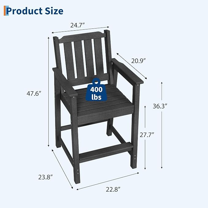Takywep Set of 2 HDPE Wood Grain Outdoor Bar Stools, 27.7" High Counter Height Chairs with Armrests and Back, Weatherproof Pub Seating for Patio, Balcony, Garden, Deck, Backyard, Dark Grey