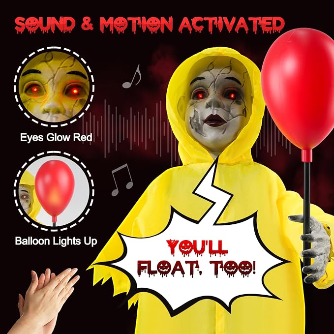 4 Ft Life Size Halloween Animatronics Prop with Sound & Touch | With Activated Sensor and Light Up Balloon, Halloween Spooky Scary Decor for Home Indoor Garden Lawn Yard Grave Party