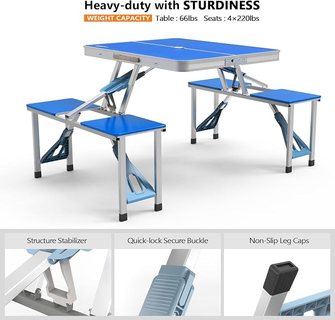 VINGLI 4Ft Portable Folding Picnic Table Camping Table Foldable Set with 4 Seats with Umbrella Hole Suitcase Card Table-220 Lbs Support Aluminum Frame, Plastic RV Tabletop for Yard, Travel-Green
