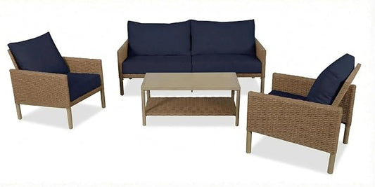 4-Piece Wicker Patio Furniture Set, Outdoor Conversation Set with Coffee Table and Removable Thickened Cushions, Modern Sectional Sofa for Backyard, Garden & Lawn, Blue