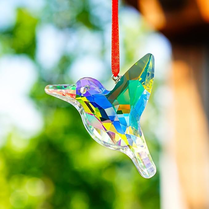 2 Pcs 3 Inch AB Coating Crystal Hummingbird Suncatcher Hanging Window Decor | AB Colored Crystal Glass Hummingbird Prisms Sun Catchers Hanging Pendants Set of 2 for Window Garden Christmas Tree Decor
