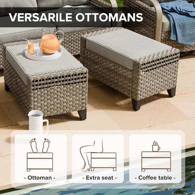 COOS BAY Modern Wicker Outdoor Furniture Set, 3 Piece Patio Conversation Set with a 3 Seat Couch and 2 Ottomans, 3 Piece, Brown/Gray