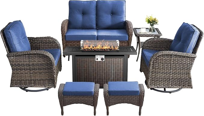 7 Pieces Outdoor Furniture with Fire Pit Deep Seating Outdoor Glider Loveseat with Patio Swivel Chairs Outdoor Furniture Set for Deck Porch Garden Balcony Poolside-Brown/Blue