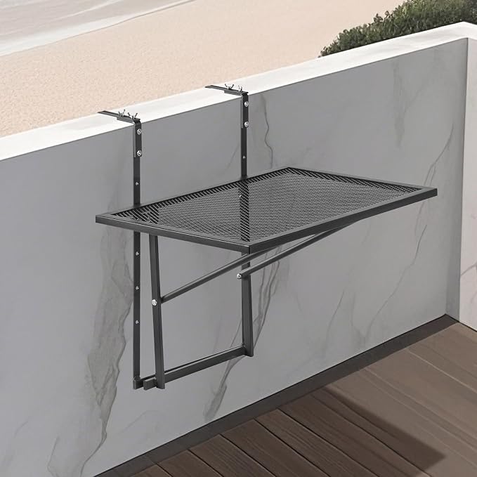 VEVOR Balcony Hanging Table, 24 x 16 inch Metal Folding Balcony Railing Table, 5-Level Adjustable, Fit Railing from 1" to 4.7", Serving for Outdoor Bar, Patio & Deck