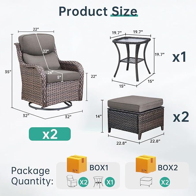 Outdoor Swivel Rocker Patio Chairs with 2 Ottomans - 5" Thick Cushion 5 Piece Furniture Set All Weather Wicker Conversation Set with Side Table for Porch Poolside and Deck - Brown/Gray