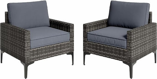 Jing's Villa 2-Piece Outdoor Sectional Single Chair Set, All-Weather Wicker Patio Furniture with L/R Armrest & Cushions, Comfortable Garden Conversation Set for Backyard, Poolside, Deck,Grey