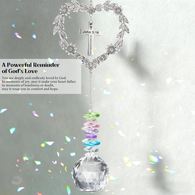 Christian Gifts for Women, Religious Suncatcher for Birthday Friendship | Catholic Baptism Gift, John 3:16 Crystal Ornament with Cross, Bible Verse Indoor Window Decor Spiritual Suncatcher