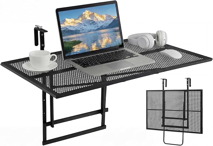 Giantex Balcony Railing Table, 31.5" Large Metal Folding Bar Table with 5-Position Adjustable Height, Heavy Duty Outdoor Hanging Breakfast Table Adapts Various Railings for Porch, Patio, Deck, Black