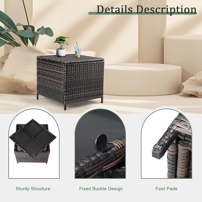 Outdoor PE Wicker Side Table with Storage, Patio Rattan End Table Square Container for Furniture and Gardening Tools