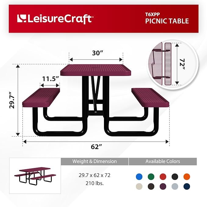Leisure Craft Metal Picnic Table with Bench - 6 ft Rectangle Outdoor Dining Table for 6, Umbrella Hole, Weatherproof Heavy Duty Thermoplastic Coating, Commercial Grade Furniture Made in USA - Burgundy