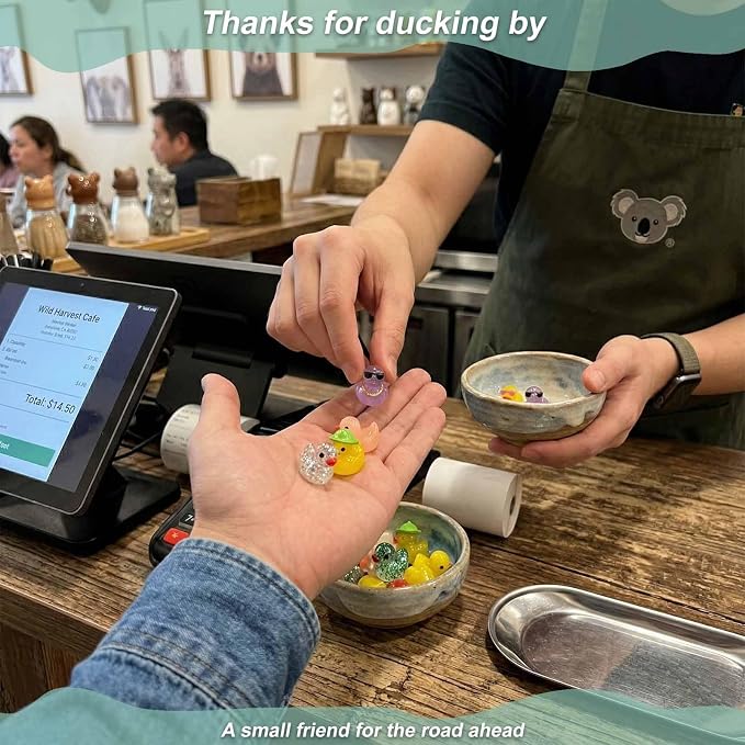 100 Pcs Mini Resin Ducks, Mixed Styles (Glow, Glitter, Hats, Sunglasses, Necklaces), Tiny Animal Figurines to Hide, Small Little Ducks for Fairy Garden, Miniature Landscape & Aquarium