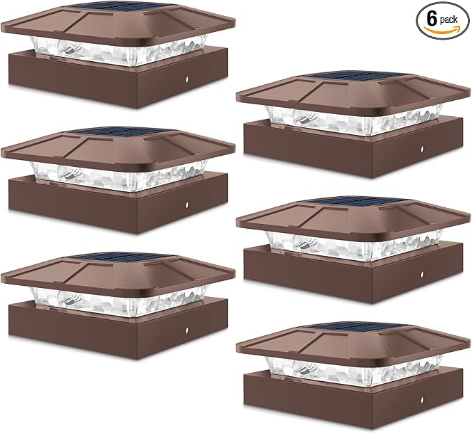 6 Packs 4x4 Post Solar Lights with 3 Modes, Waterproof LED Solar Cap Lights for 4×4/3.5×3.5 Wood/Vinyl Posts, Brown Post Top Lighting Outdoor for Fence Deck Mailbox Porch Railing