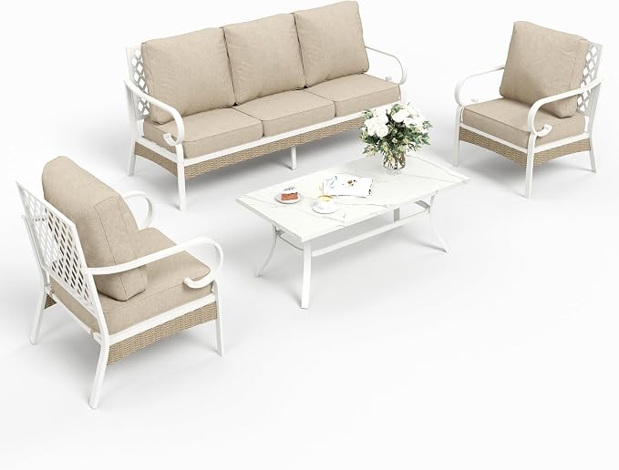 SUNSHINE VALLEY 4 Piece Metal Outdoor Patio Furniture Set, Patio Conversation Sets 1 3-seater Sofa, 2 Single Sofa with 5.75" Extra Thick Cushion and Coffee Table, White Frame Backyard Furniture, Beige