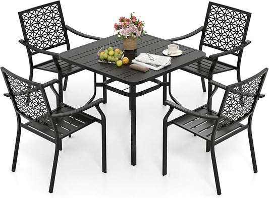 Tangkula 5 Pieces Metal Patio Dining Set, 37 Inches Square Dining Table with 4 Stackable Chairs, Slatted Table with Umbrella Hole, Outdoor Dining Furniture Set for Poolside, Deck, Backyard