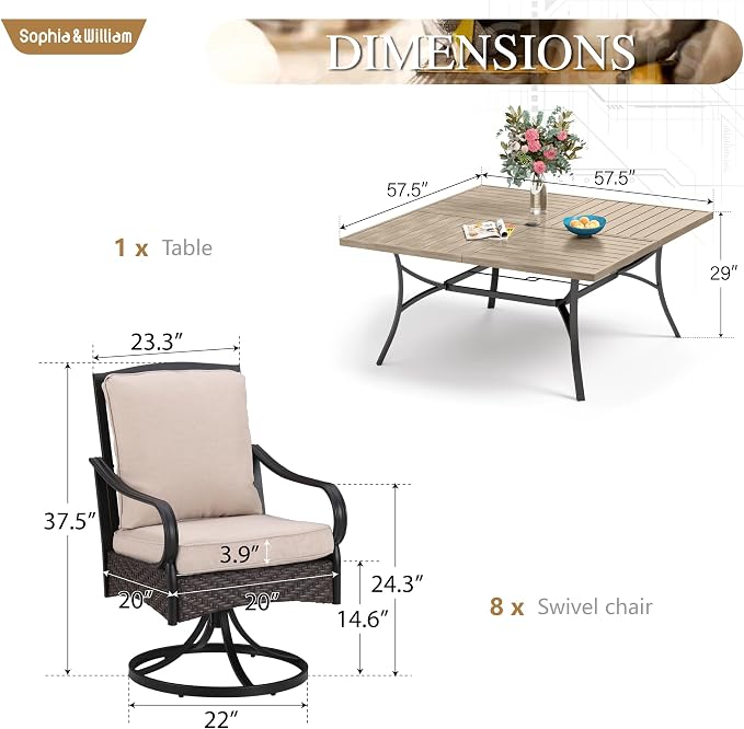 Sophia & William Metal Outdoor Dining Set for 8 Patio Outdoor Table and Chairs with 57.5“ Large Square Dining Table(1.9" Umbrella Hole) & 8 Heavy-Duty Padded Swivel Chairs, for Garden Deck