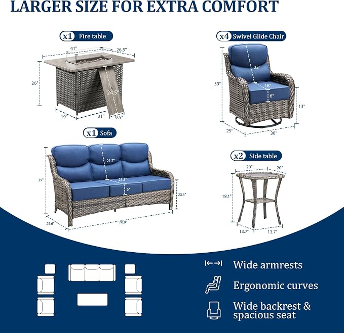 Luxury Swivel Rocker Chairs Fire Pit Set with 6" Thick Cushion 8 piece Wicker Outdoor Patio Chair with Sofa and Side Table,Comfortable High Back Outdoor Patio Furniture Set - Gery | Blue