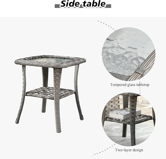 HOOOWOOO Small Square Patio Side Table with Glass Top and 2 Layers Storage