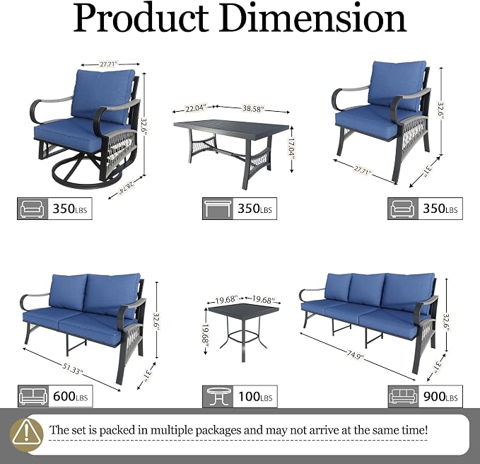 11 Pieces Patio Conversation Sets, All-Weather Metal Swivel Rocking Chairs with Rope Furniture Set, Outdoor Sofa Couch for Deck, Porch, Garden, Backyard, Poolside (Blue Cushions)