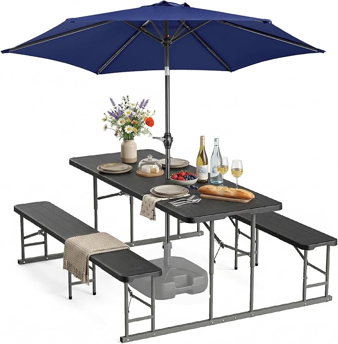 VINGLI Folding Picnic Table and Bench Set with Umbrella, Portable Outdoor Dining Furniture for Camping, Patio, Backyard, Wood Grain Plastic Top with Metal Frame with Dark Blue Umbrella