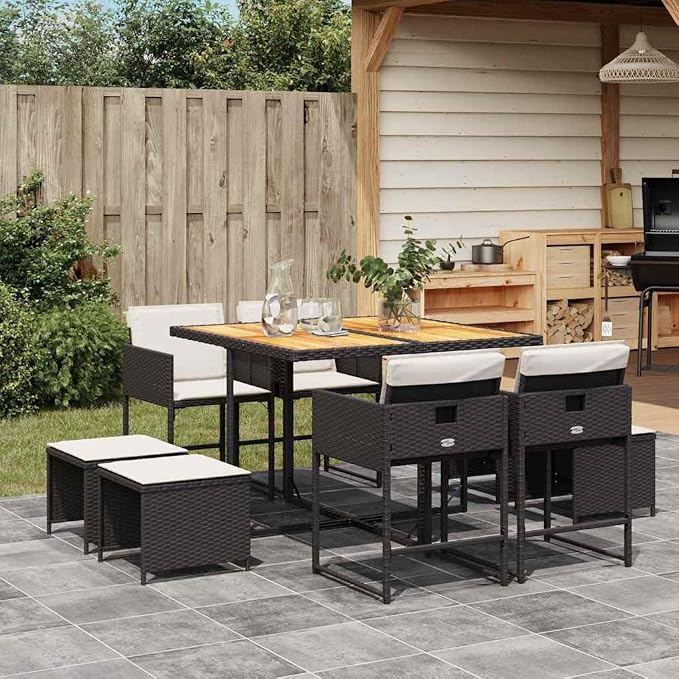 9 Piece Garden Dining Set with Poly Rattan and Acacia Wood, Outdoor Dining Set with Foldable Chairs for 8, Black and Brown Patio Furniture with Cream White Cushions
