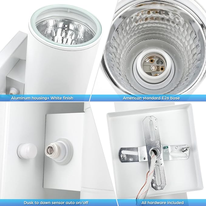 2-Pack White Outdoor Wall Sconces Dusk to Dawn, Up Down Modern Exterior Light Fixtures for House, Outside Wall Lights for Porch Garage Patio Front Door Hallway, Weather-Proof Aluminum Finish