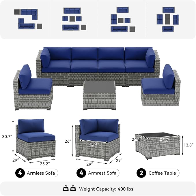 LazySunsets 10-Piece Patio Furniture Set, Wicker Rattan Outdoor Furniture with Thick Cushions, Patio Conversation Sets with Coffee Table, Outdoor Sectional Couch Sofa, Blue