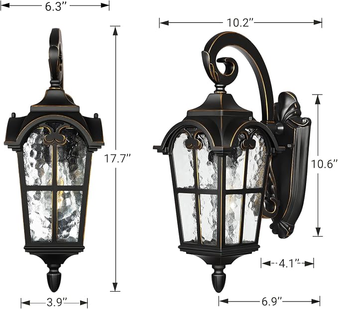 DEWENWILS Outdoor Wall Light Fixtures, Black Roman 17.7" H Exterior Wall Lantern, Anti-Rust & Waterproof, Water Ripple Glass, Outside Wall Sconce Porch Light for House, Garage