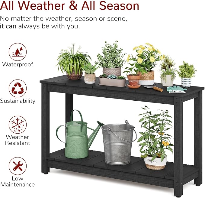 Stoog Outdoor Console Table, All-Weather 2-Tier Patio Console Table with Adjustable Feet, Low Maintenance, for Backyard, Garden, Entryway, and Deck, Black