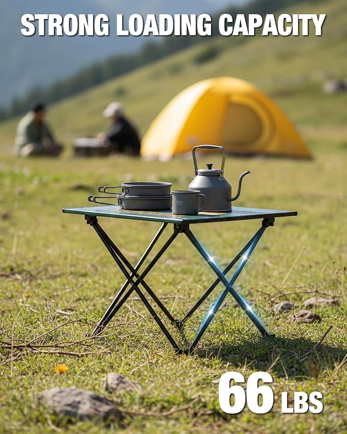 VILLEY Portable Camping Side Table, Ultralight Aluminum Folding Camp Table with Mountain Silhouette Print and Carry Bag, Compact Outdoor Picnic Table for Camping, Beach, Hiking, Travel, Medium