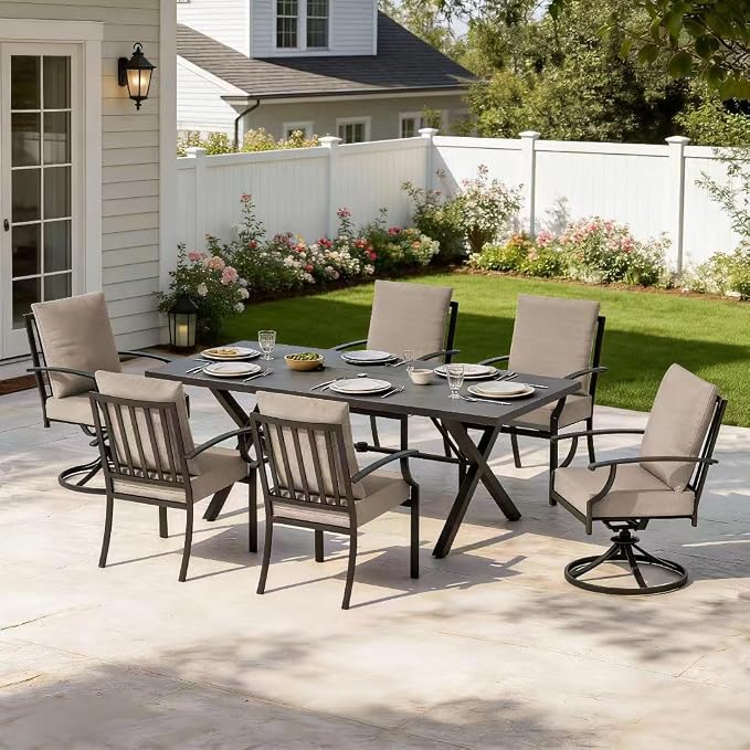 7 PCS Outdoor Patio Dining Set,Patio Table and Chairs Metal Outdoor Patio Furniture Set with Umbrella Hole,Dining Table Set with Swivel Chairs for Deck,Backyard and Garden,Brown