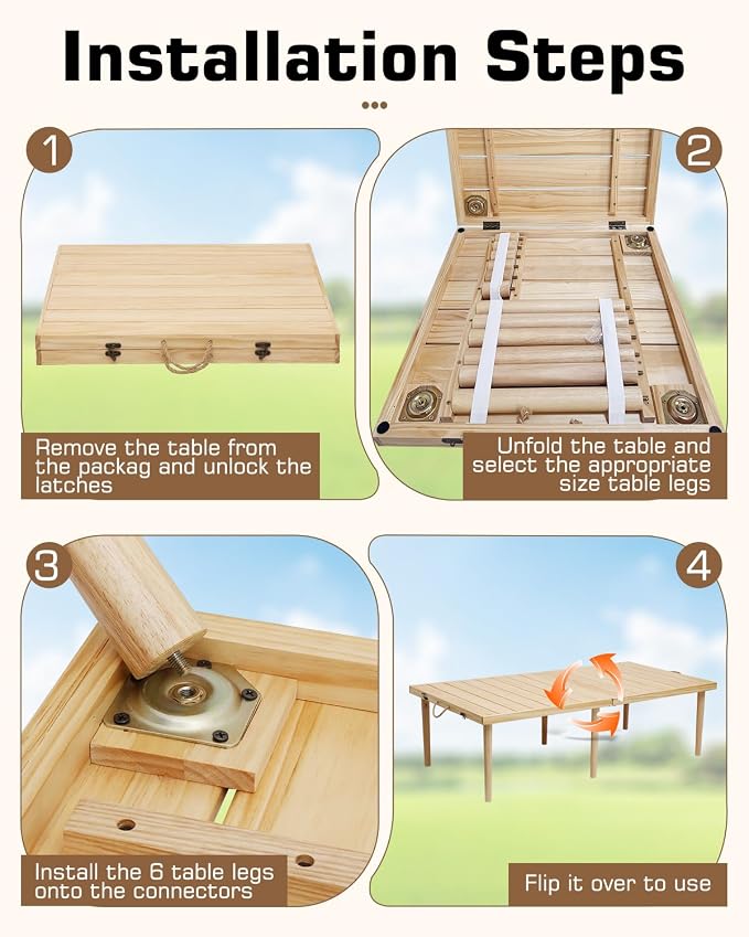 48" X 24" Boho Low Picnic Table, Portable Wooden Picnic Table with 3 Adjustable Heights, Natural Pine Wood Floor Table for Camping, Weddings, Beach & Family Gatherings, Seating for 2-4 People