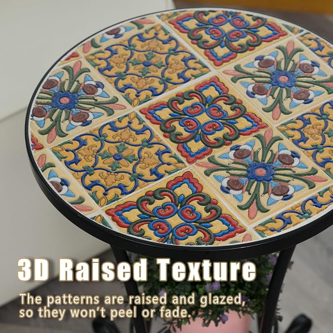 Mosaic Outdoor Side Table Small Round Patio Table Plant Stand | 21" Accent End Table with 14" Ceramic Tile Top for Small Spaces Porch Pool Garden Decor Indoor Living Room Bedroom Balcony