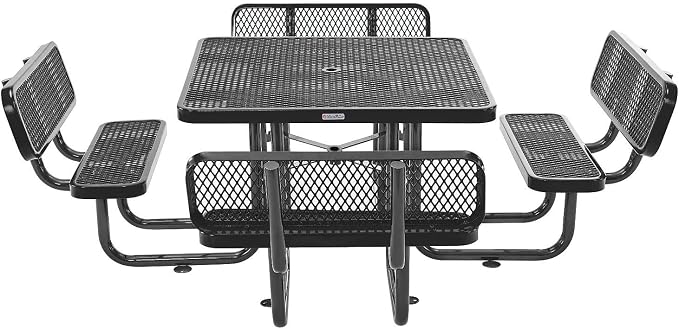 Global Industrial 46" Square Picnic Table with Backrests, Expanded Metal, Black Thermoplastic Coating, 1-1/2" Umbrella Hole, Outdoor-Rated, 1000 Lbs Capacity