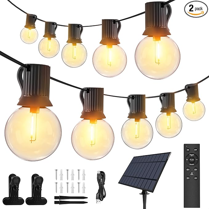 Ollny 2 Pack 60FT Solar Lights Outdoor, Waterproof Remote Control Dimmable Timers 3Modes String Light with 25 LED + 2 Spare Shatterproof Bulb, G40 Patio Lights for Outside Garden Yard Fence Porch