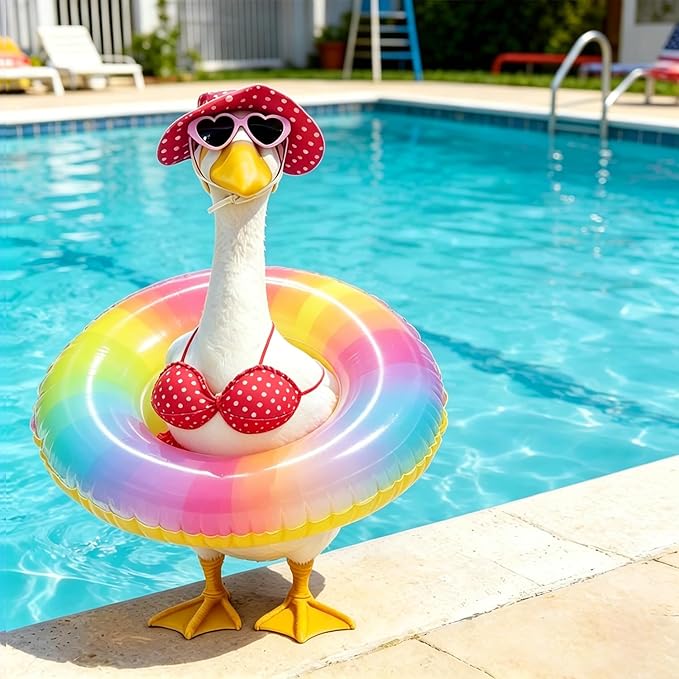 STONESTAR Hawaiian Porch Goose Outfits with Hat Sunglasses & Swim Ring, Summer Bikini Goose Outfit Clothes Costume Fits 23" Cement Geese Statue, Summer Garden Lawn Patio Yard Outdoor Decor